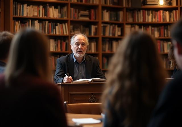 Auteur parlant devant un public dans une librairie.