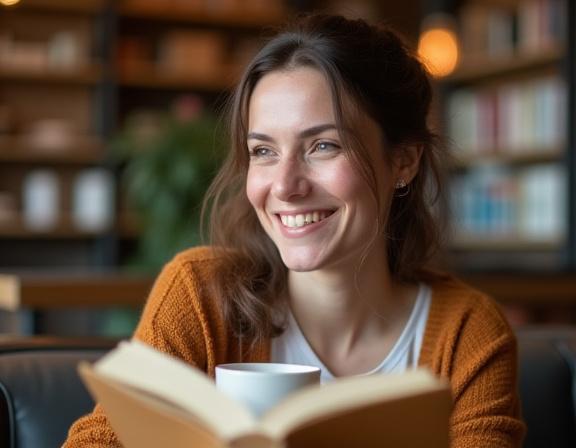 Client souriant lisant un livre tout en buvant un café.