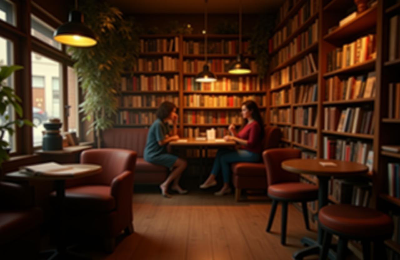 Intérieur chaleureux du café-librairie La Chimère Littéraire avec des étagères de livres en arrière-plan.